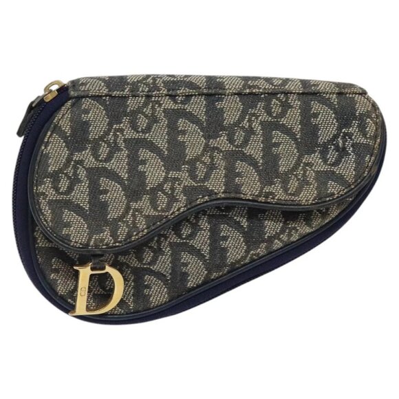 Christian Dior Trotter Canvas Saddle Pouch Navy Gold Auth